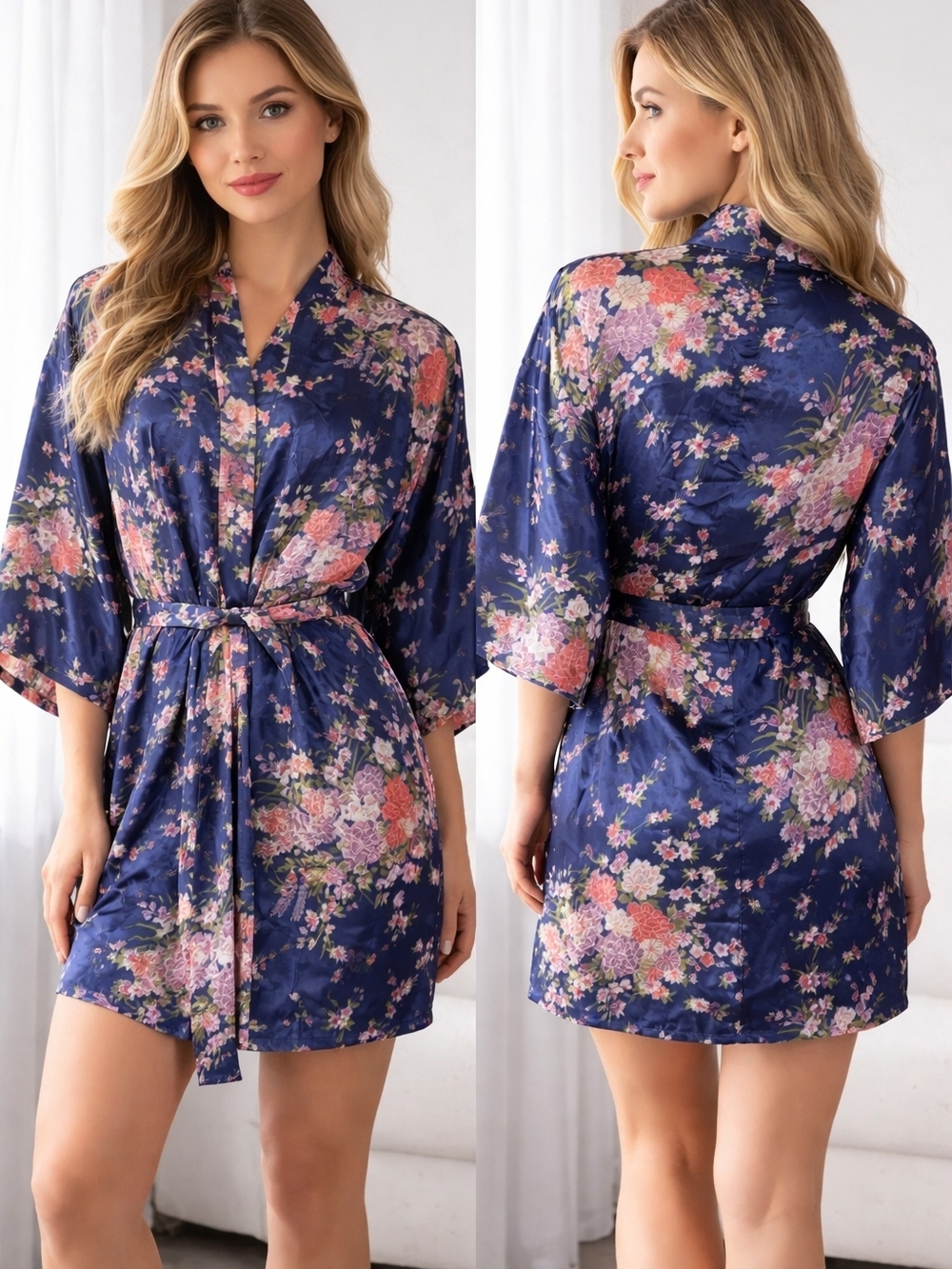 Sapphire Blue Pink Satin Robe Floral Kimono Belt Tie Front Lingerie Romance